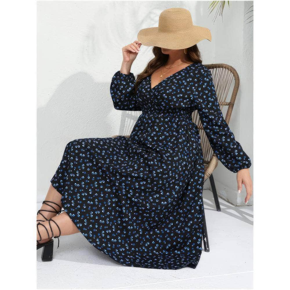 Plus Size Floral Print V-neck Ruched Waist Maxi Dress