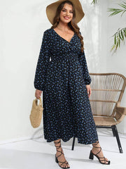 Plus Size Floral Print V-neck Ruched Waist Maxi Dress US 16-18 / Black