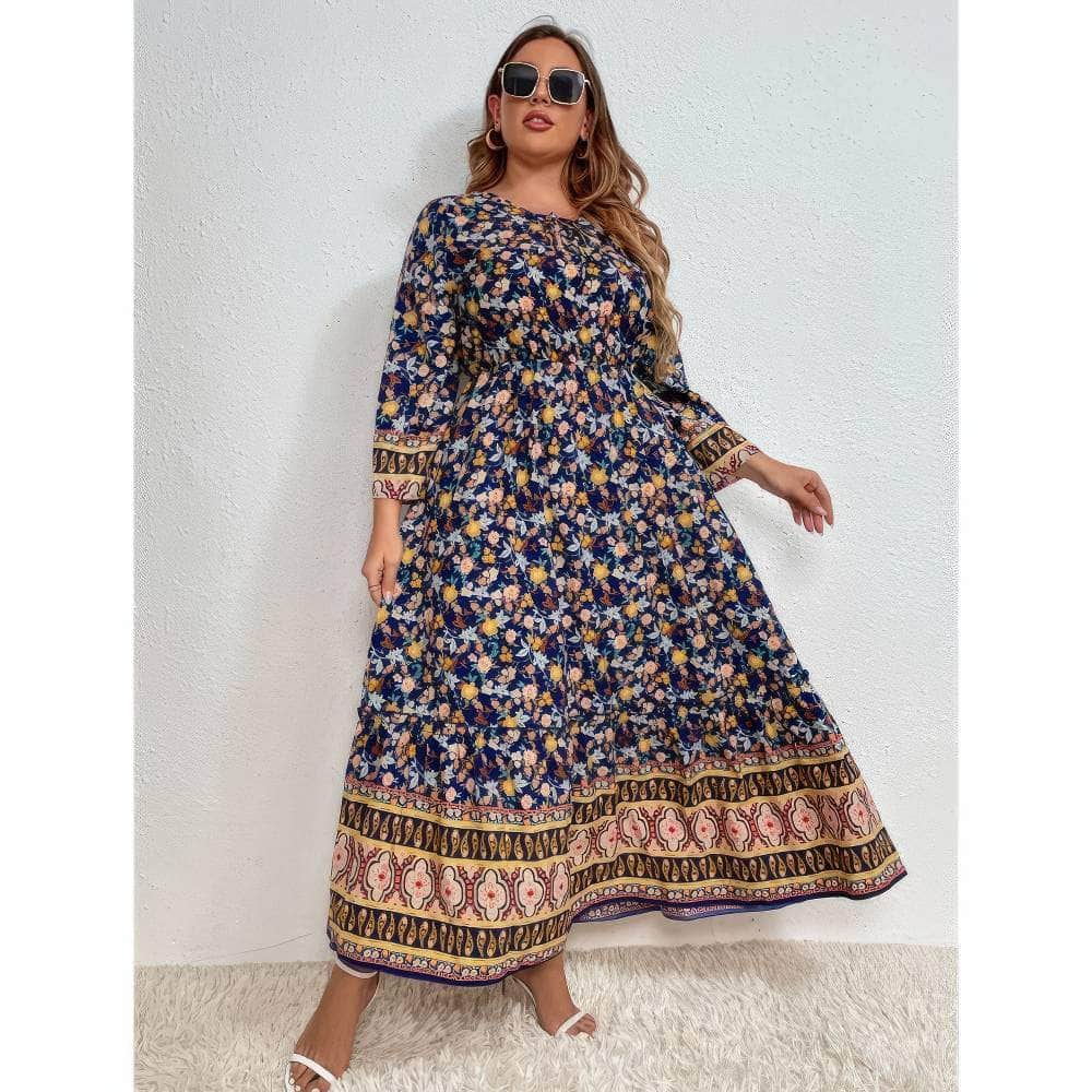 Plus Size Floral Sleeves Bohemian Floral Print Maxi Dress