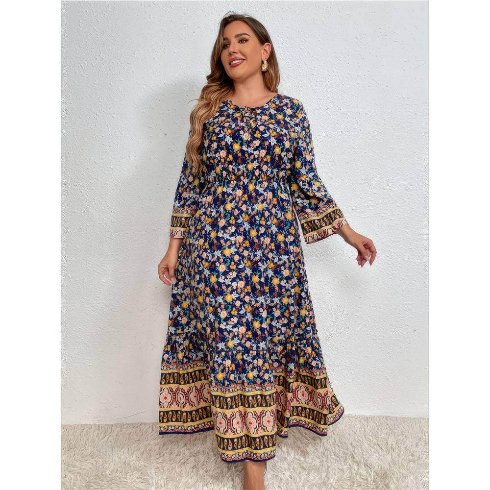 Plus Size Floral Sleeves Bohemian Floral Print Maxi Dress