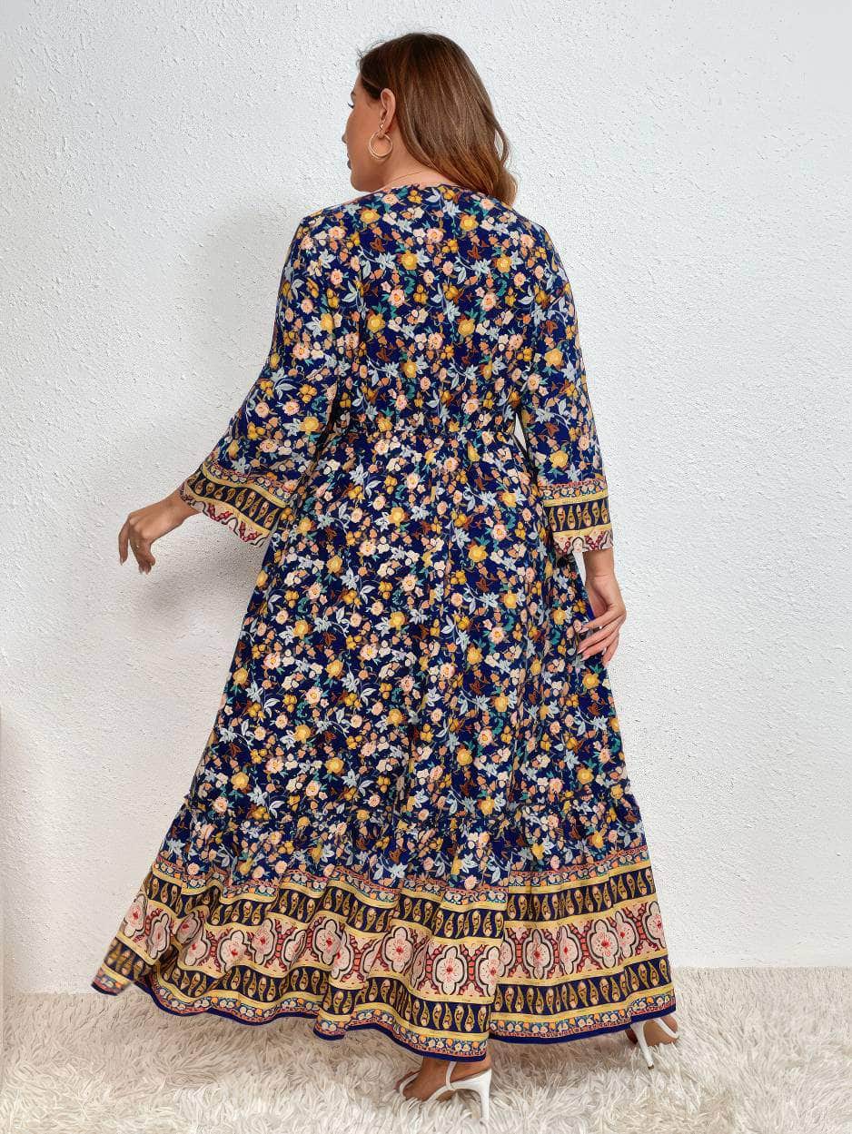 Plus Size Floral Sleeves Bohemian Floral Print Maxi Dress