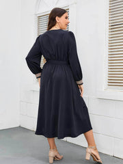 Plus Size Flounce Sleeves Embroidered Front Sash Dress