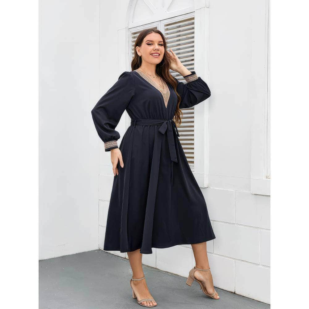 Plus Size Flounce Sleeves Embroidered Front Sash Dress