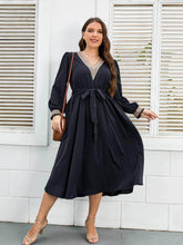 Plus Size Flounce Sleeves Embroidered Front Sash Dress US 16-18 / Navy