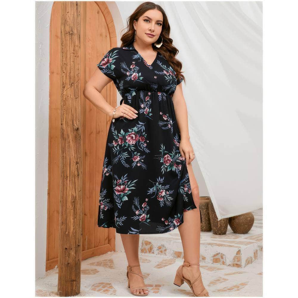 Plus Size Flutter Sleeves Surplice Neck A-line Side Slit Dress