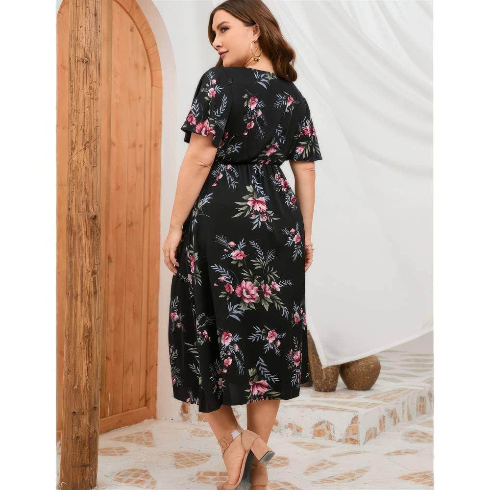 Plus Size Flutter Sleeves Surplice Neck A-line Side Slit Dress