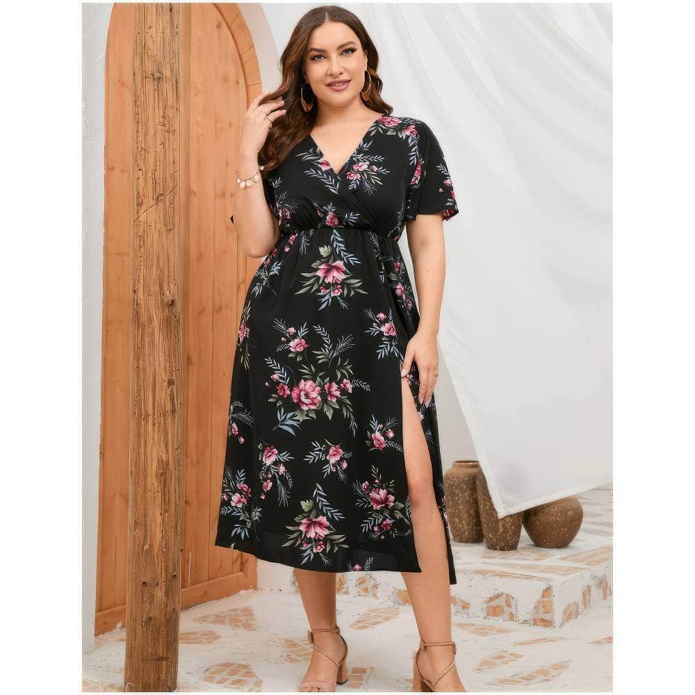 Plus Size Flutter Sleeves Surplice Neck A-line Side Slit Dress