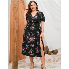 Plus Size Flutter Sleeves Surplice Neck A-line Side Slit Dress