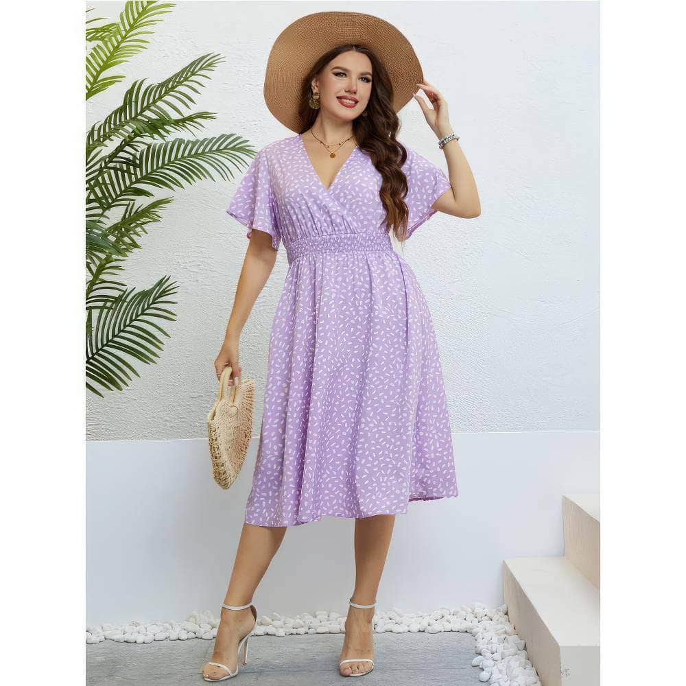 Plus Size Flutter Sleeves Surplice Neck Ruched Waist Midi Dress