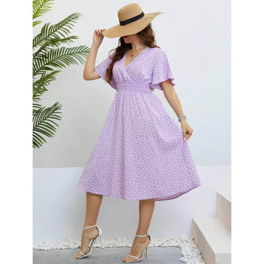 Plus Size Flutter Sleeves Surplice Neck Ruched Waist Midi Dress