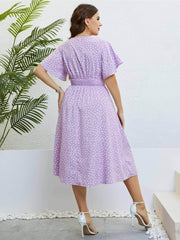 Plus Size Flutter Sleeves Surplice Neck Ruched Waist Midi Dress