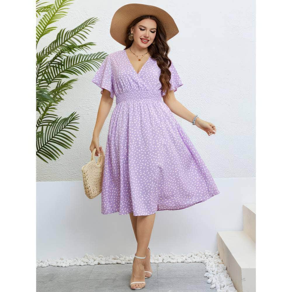 Plus Size Flutter Sleeves Surplice Neck Ruched Waist Midi Dress