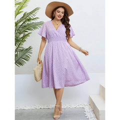 Plus Size Flutter Sleeves Surplice Neck Ruched Waist Midi Dress