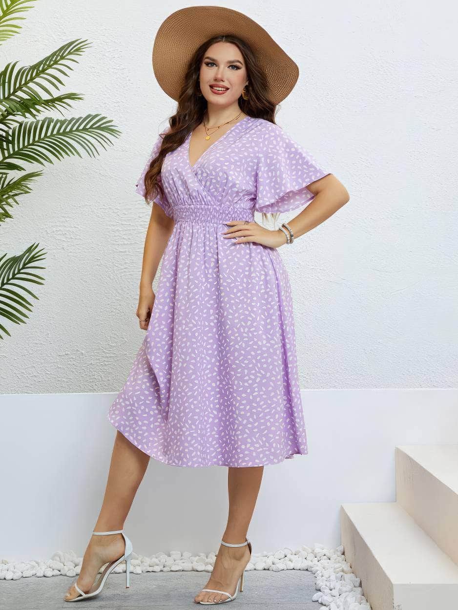 Plus Size Flutter Sleeves Surplice Neck Ruched Waist Midi Dress US 16-18 / Plum