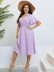 Plus Size Flutter Sleeves Surplice Neck Ruched Waist Midi Dress US 16-18 / Plum