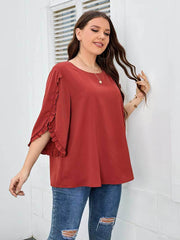 Plus Size Frill Trim Sleeves Round Neck Blouse