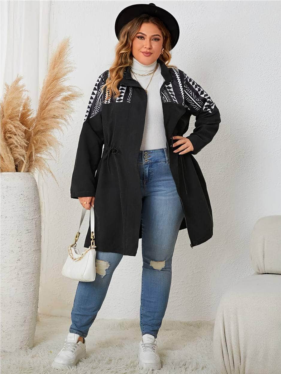 Plus Size Geometric Print Drawstring Waist Trench Coat US 16-18 / Black