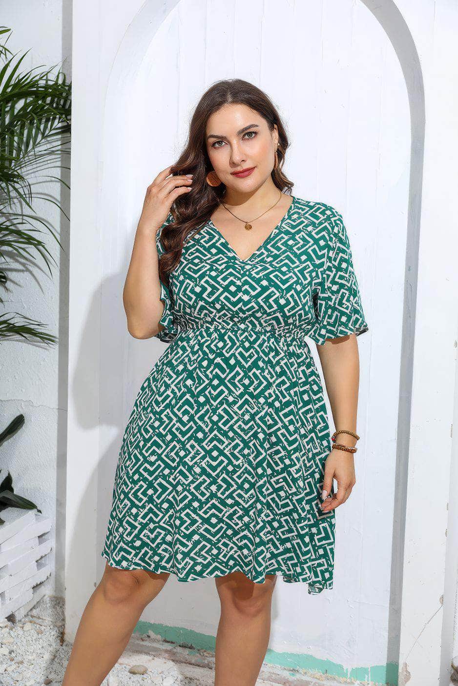Plus Size Geometric Print V Neck Flared Sleeves Dress
