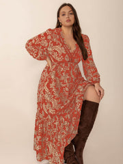 Plus Size Lace Detail Printed Balloon Sleeve Midi Dress