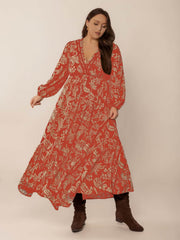 Plus Size Lace Detail Printed Balloon Sleeve Midi Dress