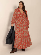 Plus Size Lace Detail Printed Balloon Sleeve Midi Dress Orange-Red / 0XL