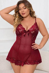 Plus Size Lace Detail Spaghetti Strap Lounge Dress Wine / 1XL