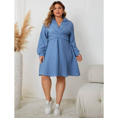 Plus Size Lantern Sleeves Collared CrissCross Skater Dress