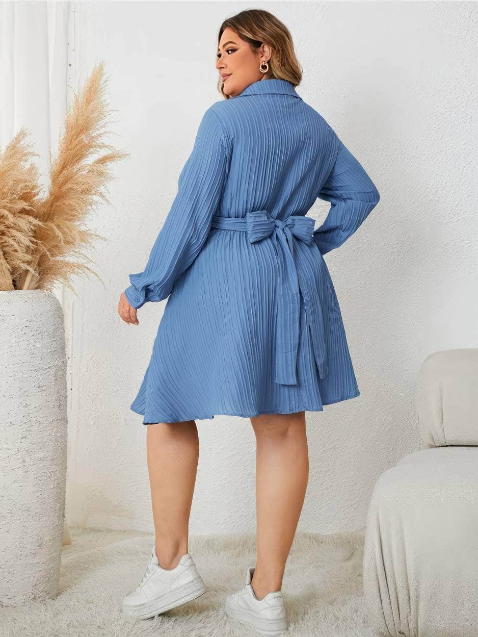 Plus Size Lantern Sleeves Collared CrissCross Skater Dress