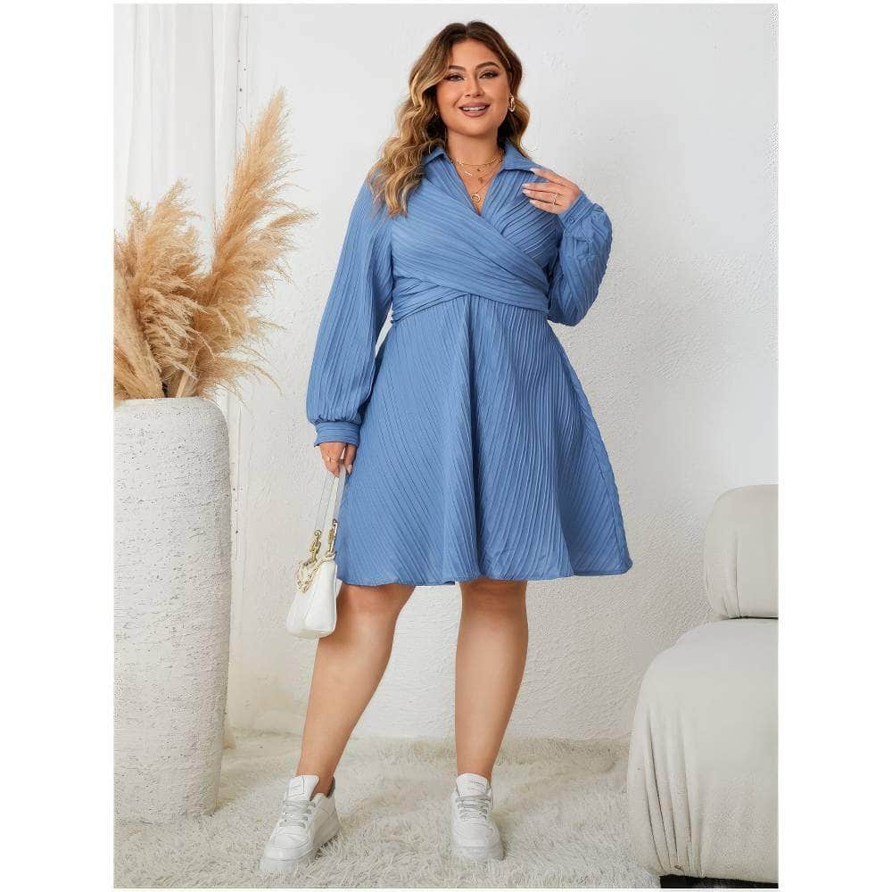 Plus Size Lantern Sleeves Collared CrissCross Skater Dress