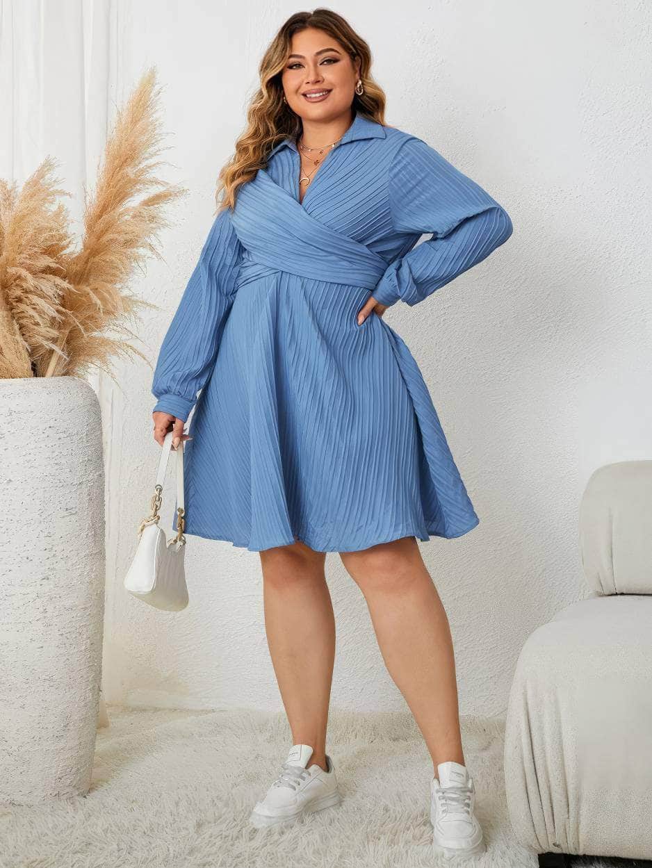 Plus Size Lantern Sleeves Collared CrissCross Skater Dress US 16-18 / CornFlowerBlue