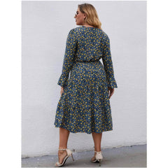 Plus Size Lantern Sleeves Ditsy Floral High Waist Pleated Hem Dress