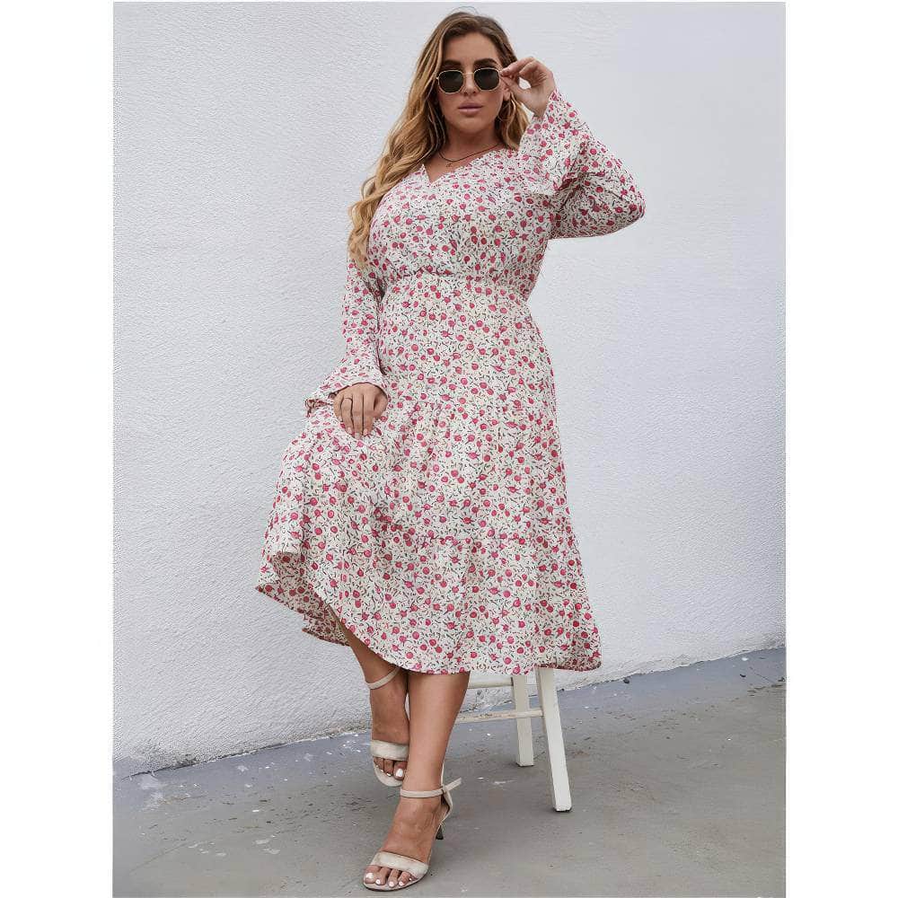 Plus Size Lantern Sleeves Ditsy Floral High Waist Pleated Hem Dress