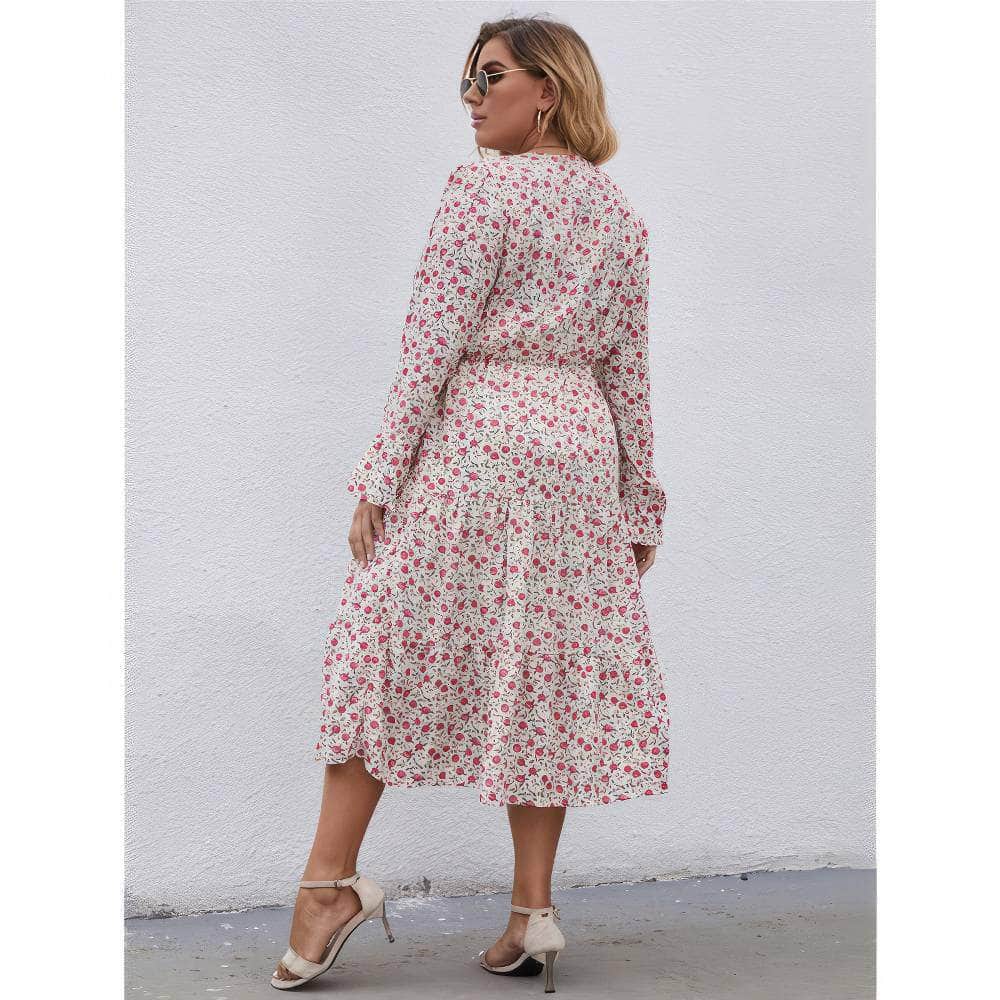 Plus Size Lantern Sleeves Ditsy Floral High Waist Pleated Hem Dress