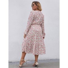 Plus Size Lantern Sleeves Ditsy Floral High Waist Pleated Hem Dress