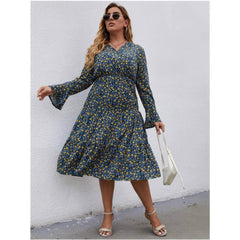 Plus Size Lantern Sleeves Ditsy Floral High Waist Pleated Hem Dress
