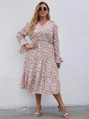 Plus Size Lantern Sleeves Ditsy Floral High Waist Pleated Hem Dress US 16-18 / White