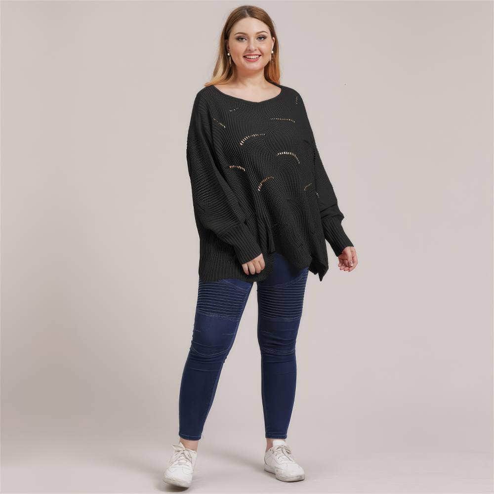Plus Size Lantern Sleeves Rib Knot Hollow Loose Sweater US 12-14 / Black