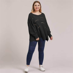 Plus Size Lantern Sleeves Rib Knot Hollow Loose Sweater US 12-14 / Black