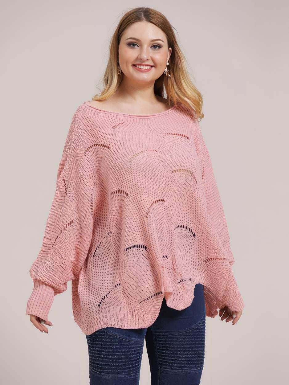 Plus Size Lantern Sleeves Rib Knot Hollow Loose Sweater US 12-14 / Pink