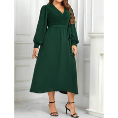 Plus Size Lantern Sleeves Ruched Belt Sash Dress