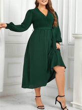 Plus Size Lantern Sleeves Ruched Belt Sash Dress US 16-18 / Green