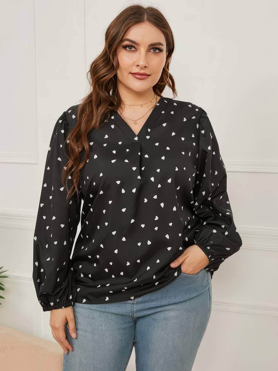Plus Size Lantern Sleeves V-neck Polka Dot Blouse US 16-18 / Black