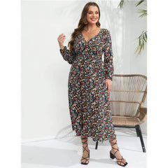 Plus Size Lantern Sleeves V-Neck Ruched Waist Floral Dress