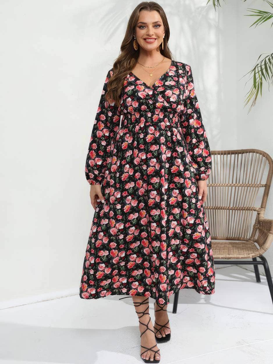 Plus Size Lantern Sleeves V-Neck Ruched Waist Floral Dress