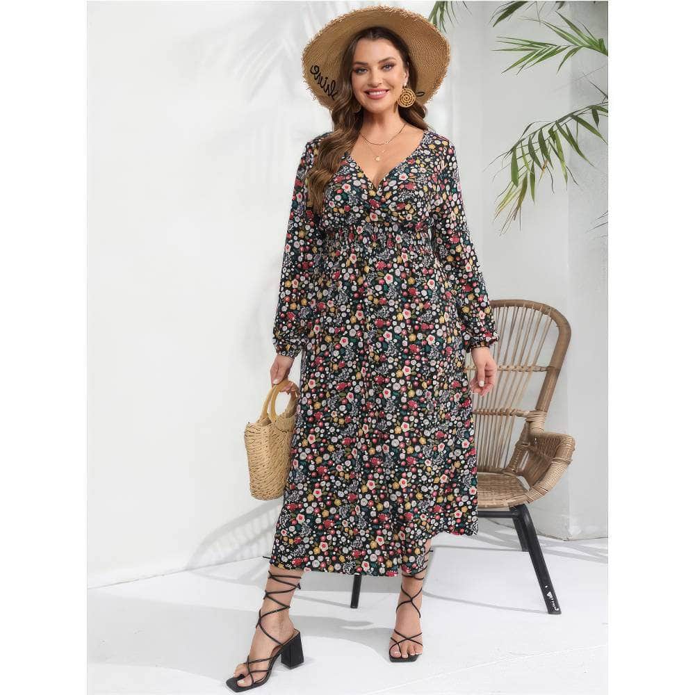Plus Size Lantern Sleeves V-Neck Ruched Waist Floral Dress