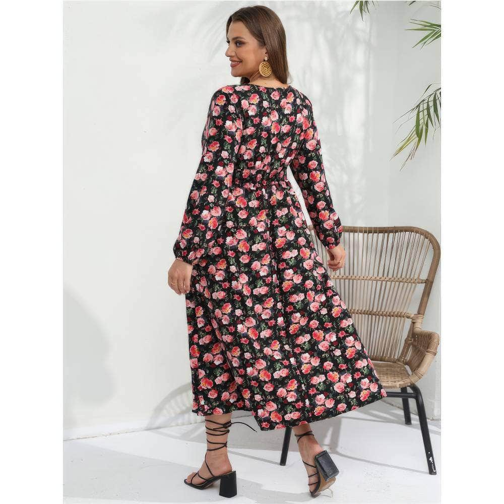 Plus Size Lantern Sleeves V-Neck Ruched Waist Floral Dress