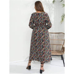 Plus Size Lantern Sleeves V-Neck Ruched Waist Floral Dress