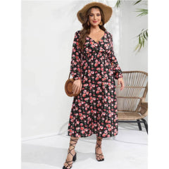 Plus Size Lantern Sleeves V-Neck Ruched Waist Floral Dress
