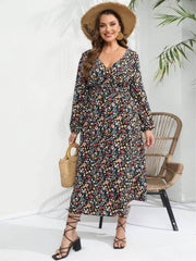 Plus Size Lantern Sleeves V-Neck Ruched Waist Floral Dress US 16-18 / Black