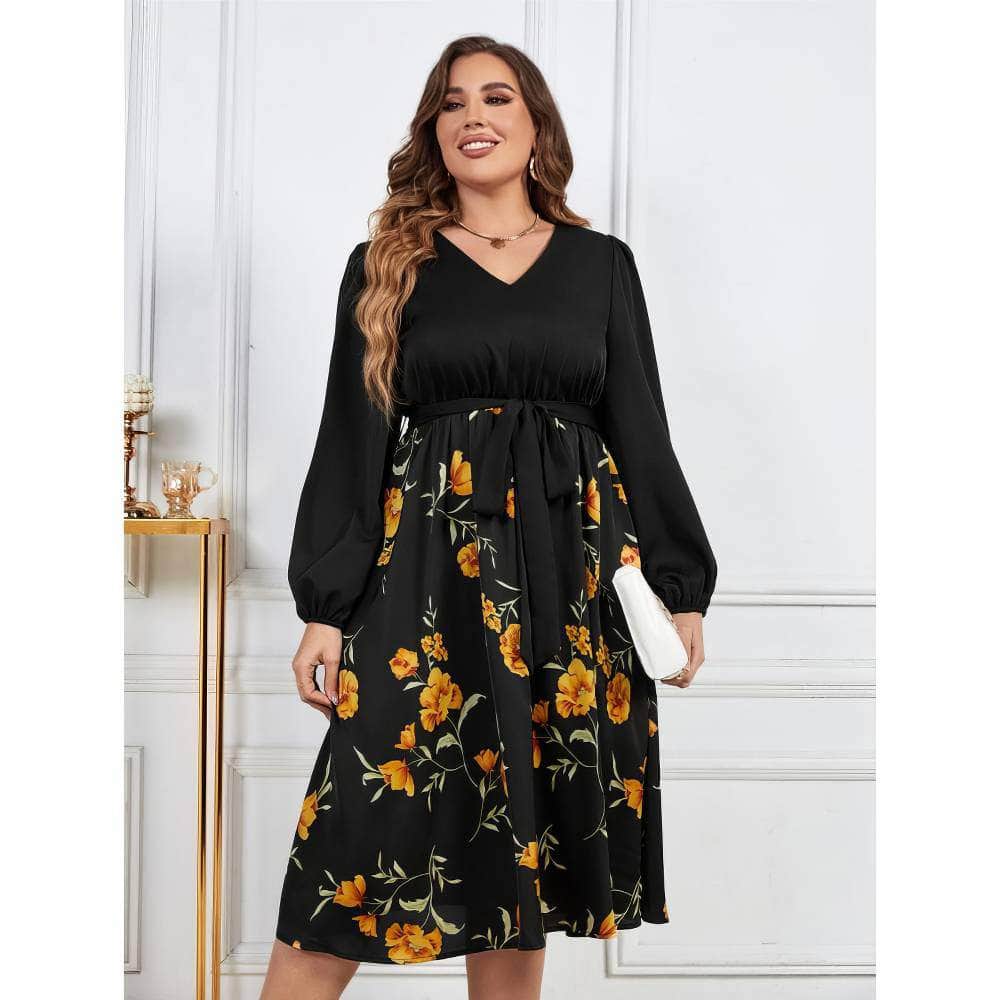 Plus Size Lantern Sleeves V-neck Sash Waist Floral Print Dress